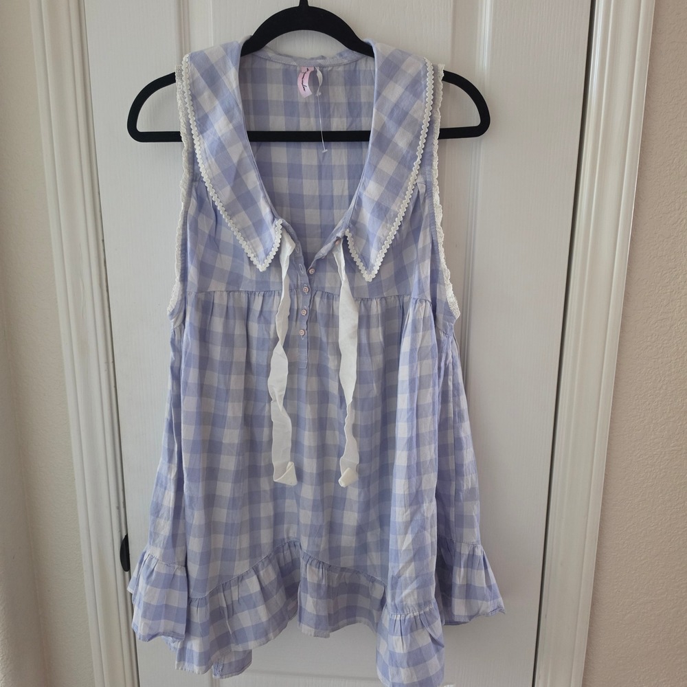 Urban Outfitters Out From Under Gingham Lace Trim Babydoll Top Blue White S